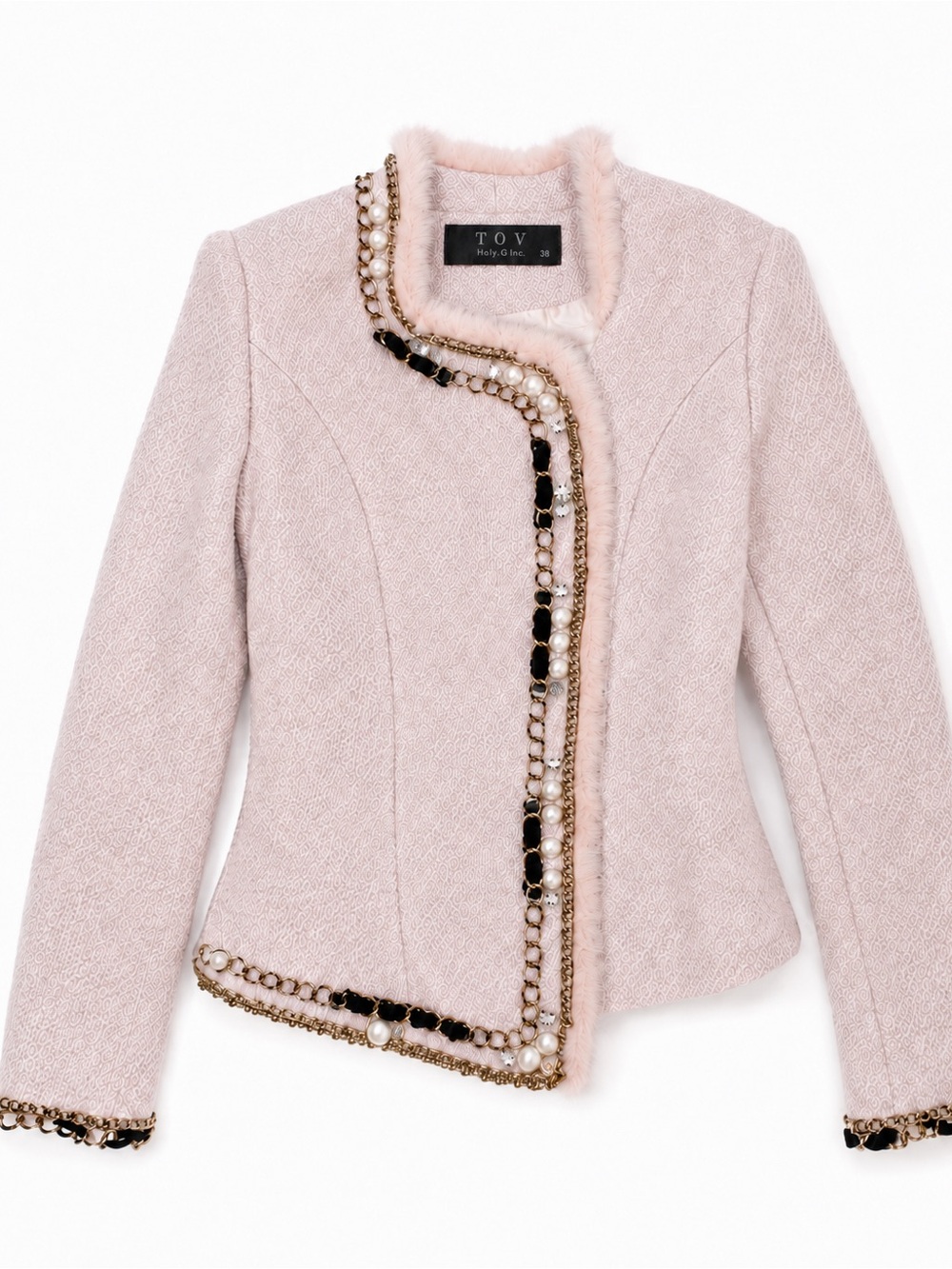 TOV Holy G Inc. Pastel Pink Tweed Jacket Faux Fur Trim Pearl Chain Sz 38